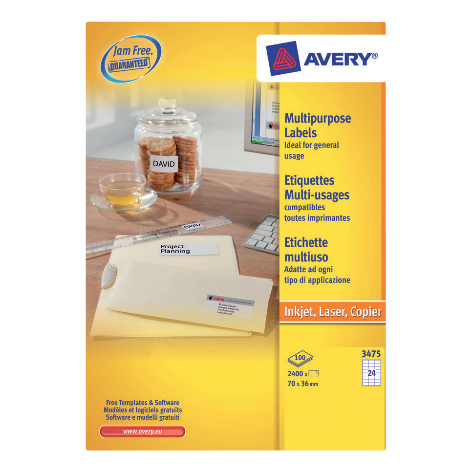 Avery Multipurpose Labels Laser Copier Inkjet 24 Per Sheet 70x36mm Avery Multipurpose Labels Laser Copier Inkjet 24 Per Sheet 70x36mm White Ref 3475 2400