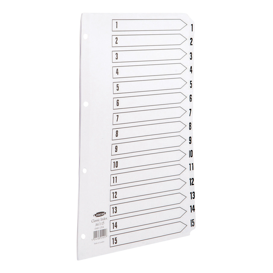 Concord Clic Index 1 15 Mylar Reinforced Punched 4 Holes 150gsm Concord Clic Index 1 15 Mylar Reinforced Punched 4 Holes 150gsm A4 White Ref 01401 Cs14