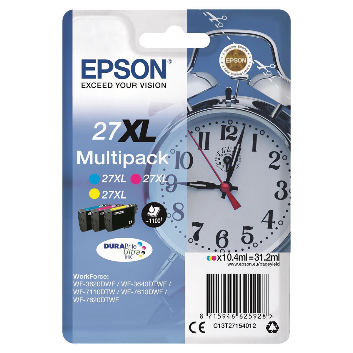 Epson 27xl Inkjet Cart Alarm Clock High Yield Page Life 1100pp 10 4 Epson 27xl Inkjet Cart Alarm Clock High Yield Page Life 1100pp 10 4ml C M Y Ref C13t27154012 Pack 3