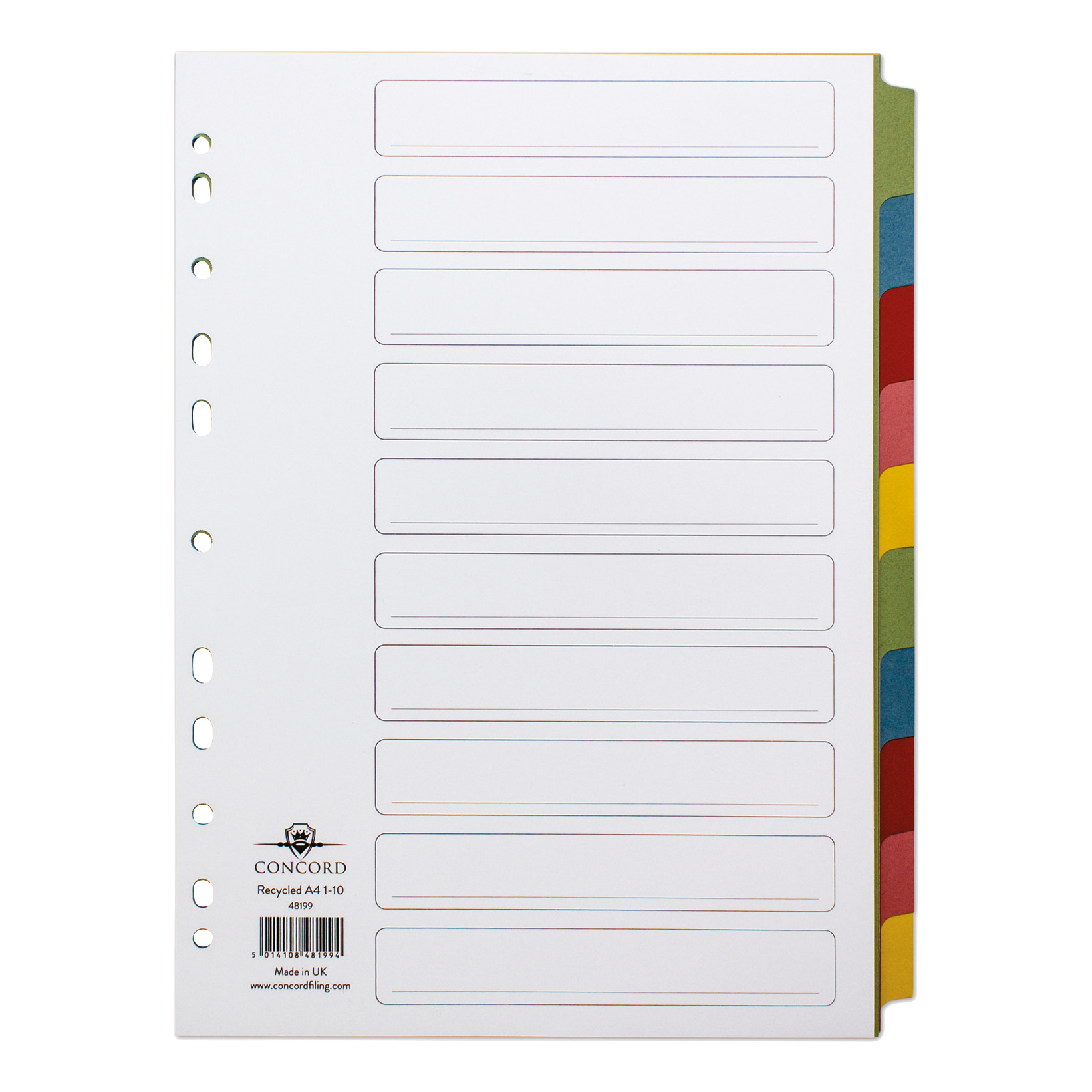 Concord Subject Dividers 10 Part Recycled Card Multipunched Concord Subject Dividers 10 Part Recycled Card Multipunched Multicolour Tabs 150gsm A4 White Ref 48199