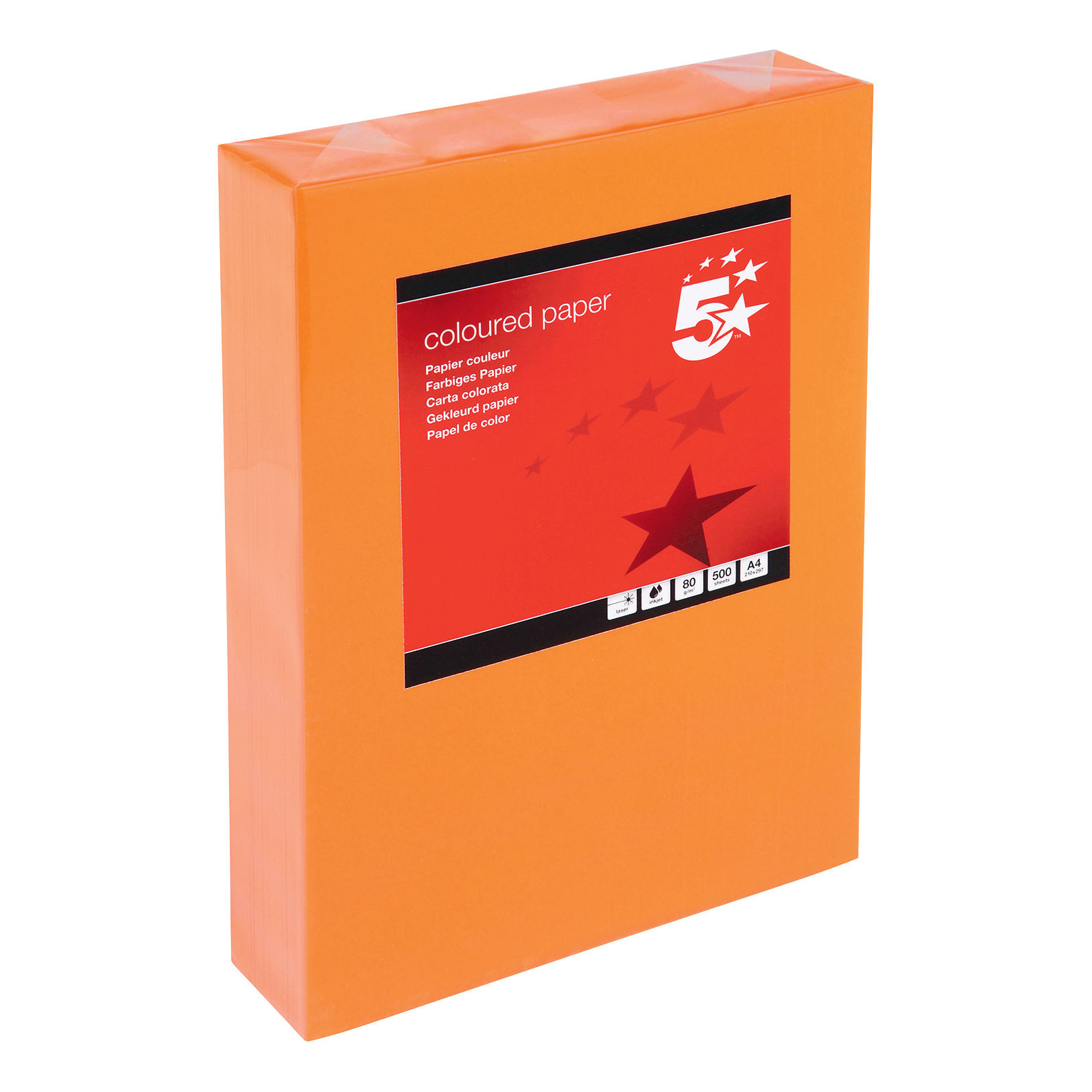 5 Star Office Coloured Copier Paper Multifunctional Ream Wrapped 80gsm A4 Deep Orange 500 5407