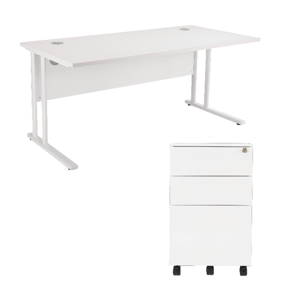 First Rectangular Cantilever Desk 1600mm White Top White Legs And