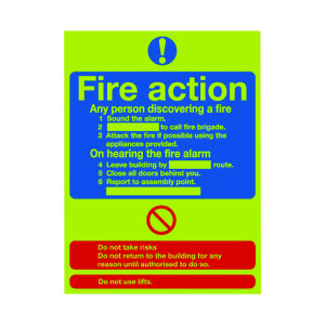 Safety+Sign+Niteglo+Fire+Action+300x250mm+PVC+FR03527M