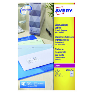 Avery+Laser+Mini+Labels+38x21mm+65+Per+Sheet+Clear+%281625+Pack%29+L7551-25