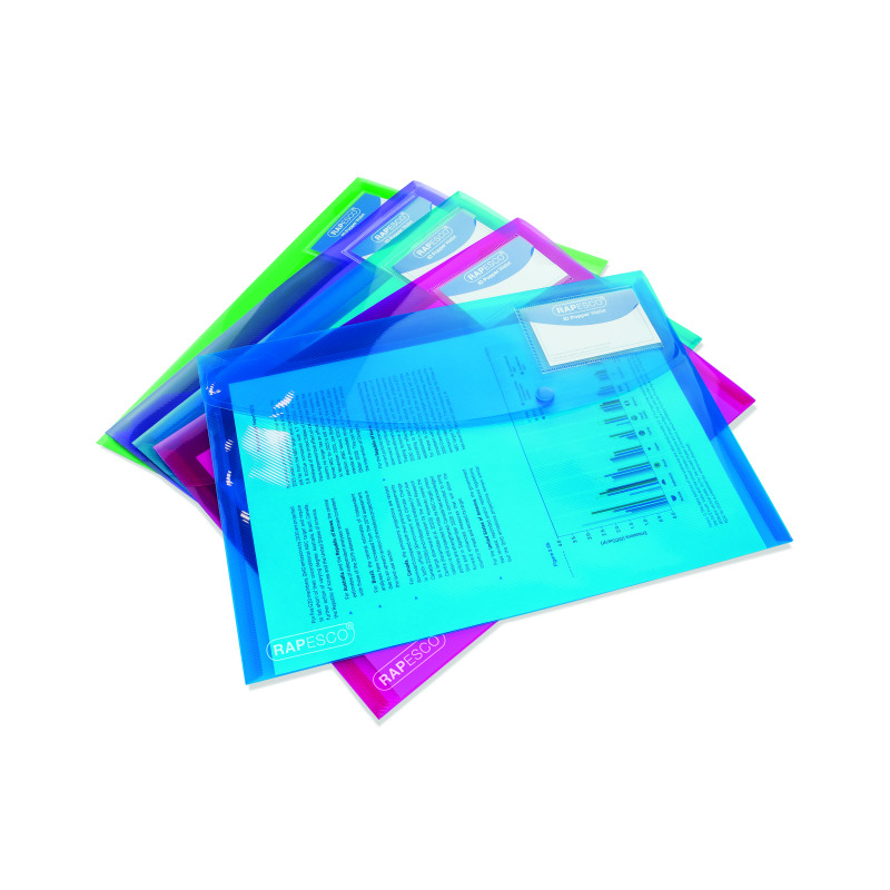 Rapesco+Eco+Recycled+ID+Popper+Wallet+Assorted+Bright+A4+Transparent+%28Pack+of+5%29+0700