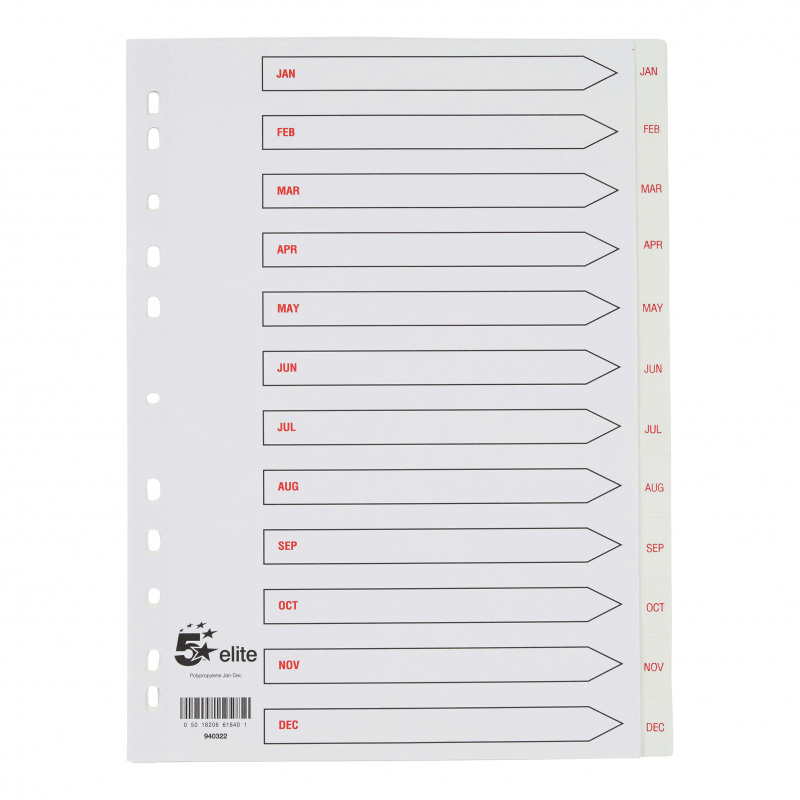 5+Star+Elite+Index+Jan-Dec+Polypropylene+Multipunched+A4+White+with+Red+Text+Tabs