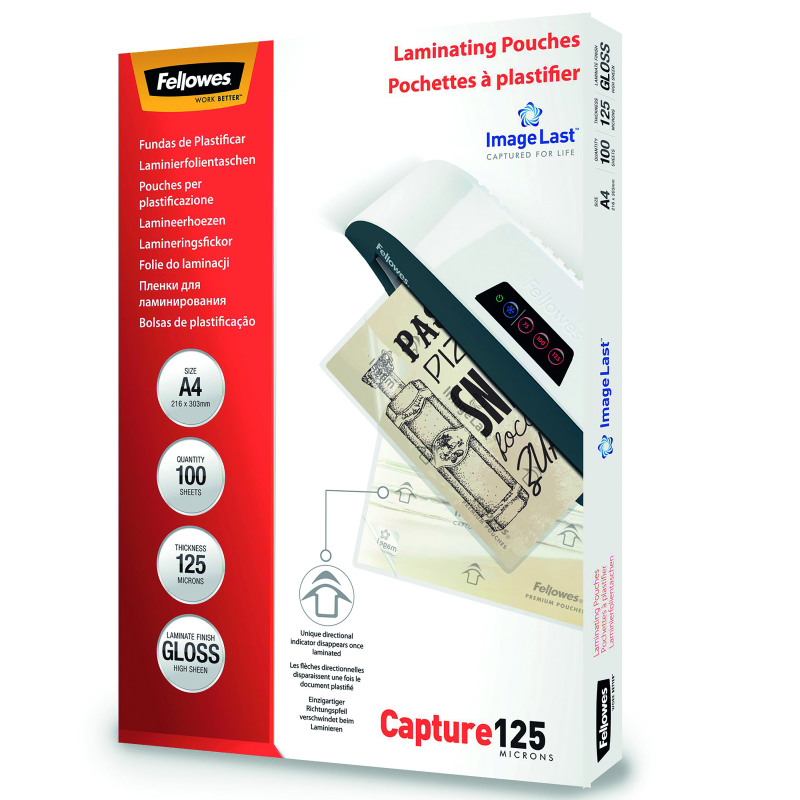 Fellowes+Capture+Laminating+Pouch+A4+250+Micron+Total+Thickness+Gloss+%28Pack+of+100%29+5307401