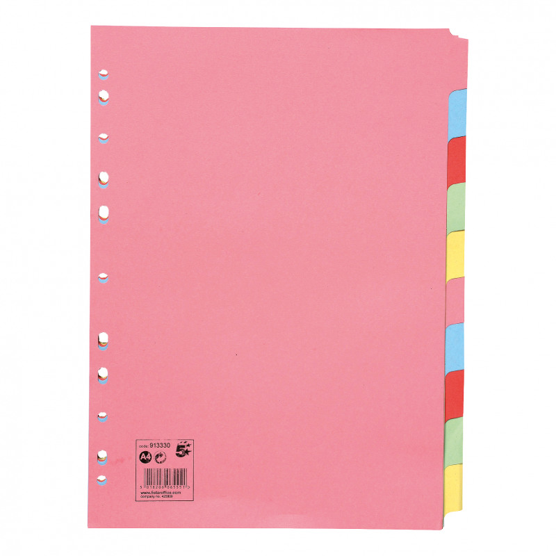 5+Star+Office+Subject+Dividers+10-Part+Recycled+Card+Multipunched+155gsm+A4+Assorted+%28Pack+of+25%29