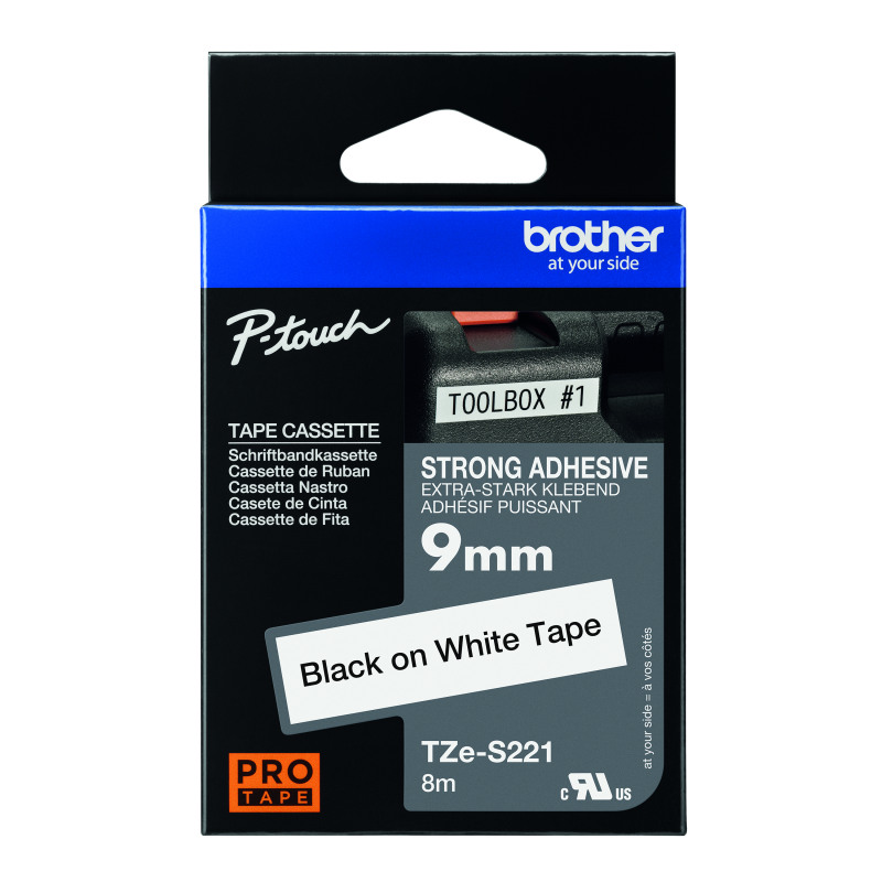 Brother+P-Touch+TZe+Lam+Tape+Cassette+9mm+x+8m+Black+on+White+Tape+TZES221