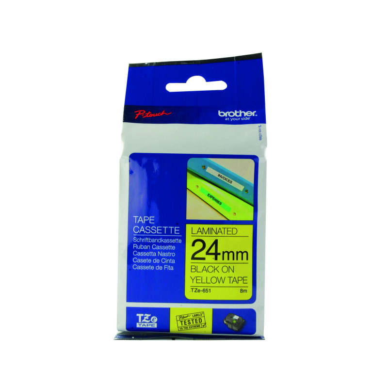 Brother+P-Touch+TZe+Lam+Tape+Cassette+24mm+x+8m+Black+on+Yellow+Tape+TZE651