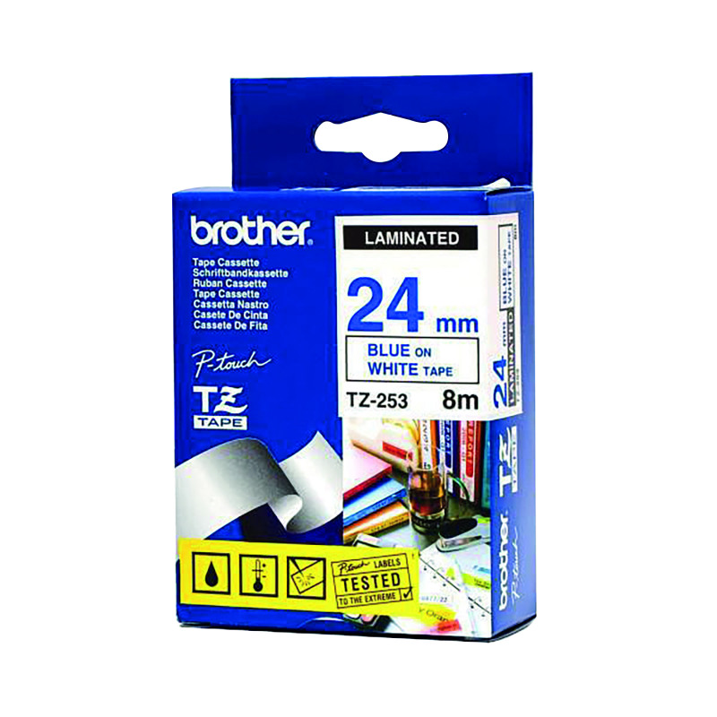 Brother+P-Touch+TZe+Lam+Tape+Cassette+24mm+x+8m+Blue+on+White+Tape+TZE253