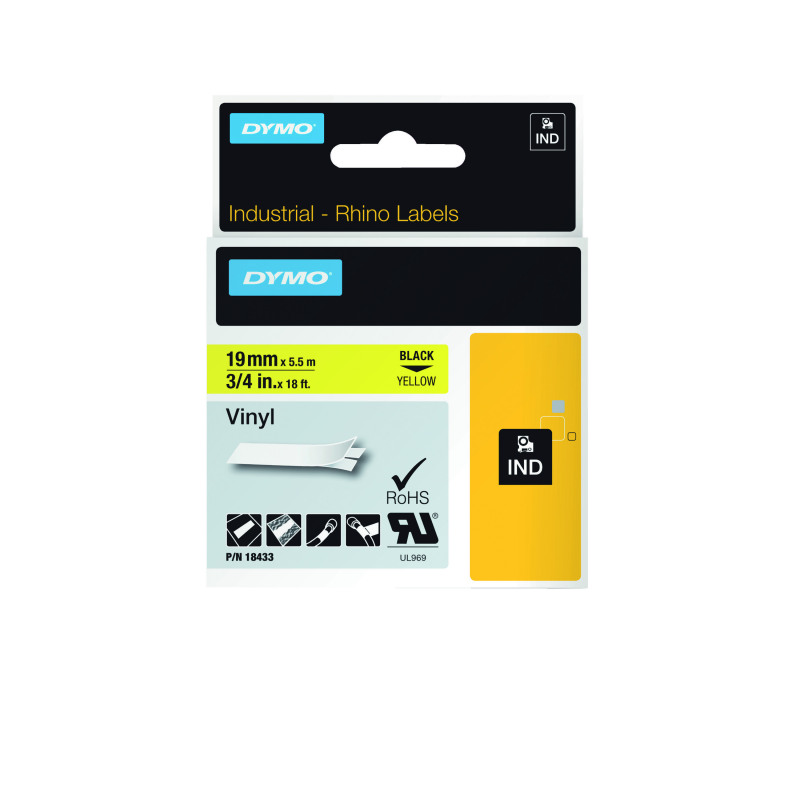 Dymo+18433+Rhino+Vinyl+Tape+19mm+x+5.5m+Black+on+Yellow+S0718470