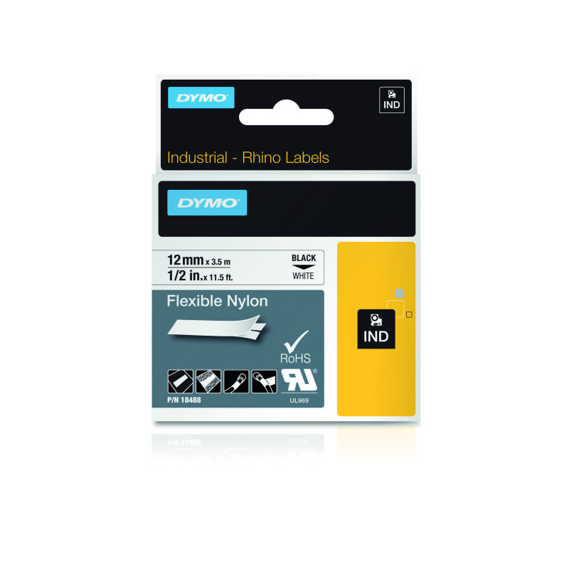 Dymo+18488+Rhino+Nylon+Tape+12mm+x+3.5m+Black+on+White+S0718100