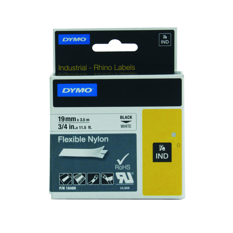 Dymo+18489+Rhino+Nylon+Tape+19mm+x+3.5m+Black+on+White+S0718120
