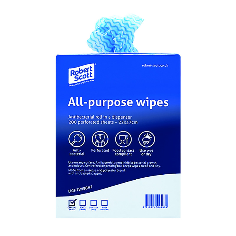 Cloths+On+A+Roll+All-purpose+Wipes+Antibacterial+Dispenser+Box+220x370mm+Blue+%28Pack+of+200%29+100247BU