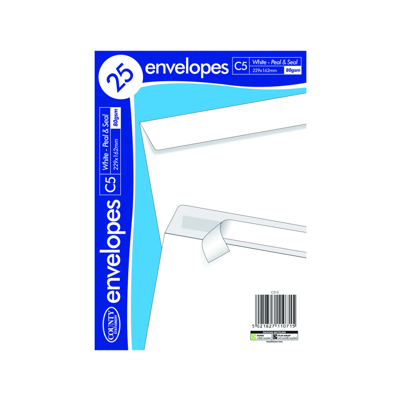 County+Stationery+C5+Peel+and+Seal+Envelopes+x25+White+%28Pack+of+20%29+C513