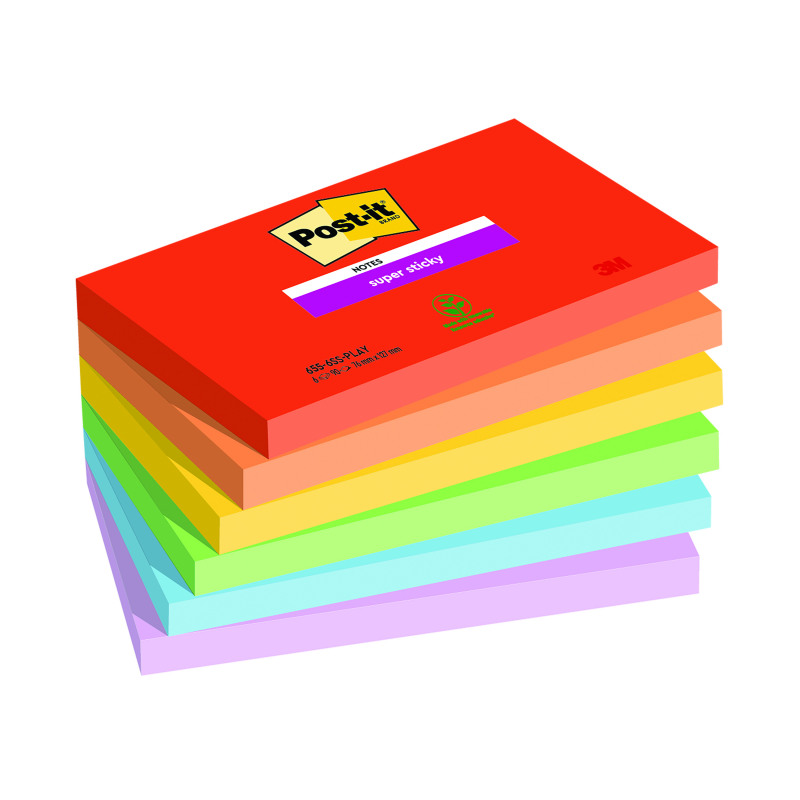 Post-It+Super+Sticky+Notes+90+Sheets+76x127mm+Playful+Colours+Assorted+%28Pack+of+6%29+655-6SS-PLAY