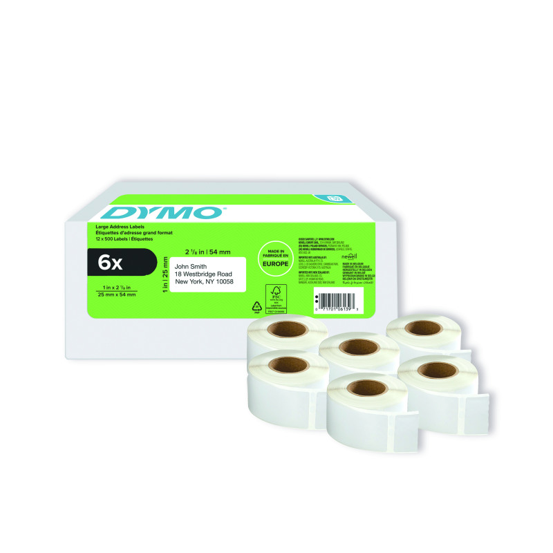 Dymo+LabelWriter+Return+Address+Labels+25+x+54mm+Self-Adhesive+White+%28Pack+of+6%29+2177564