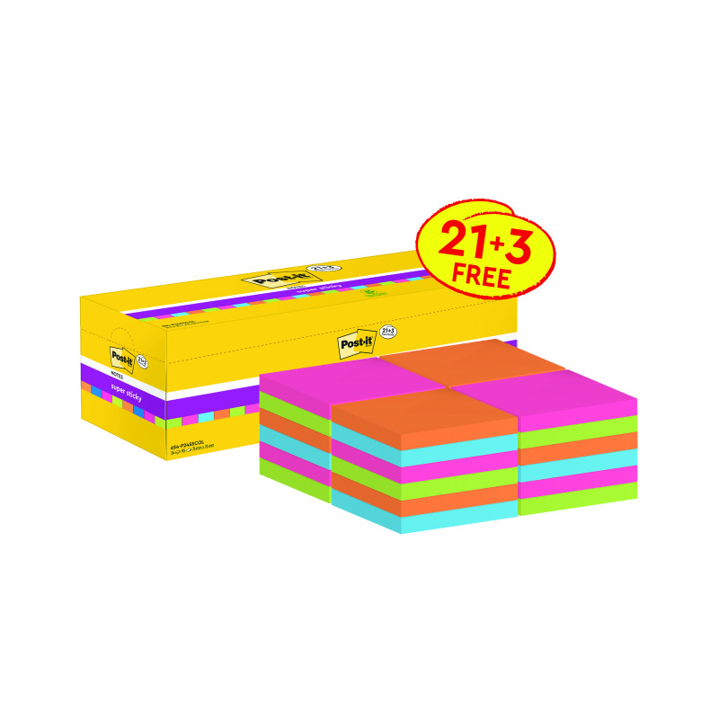 Post-it+Super+Sticky+76x76mm+Assorted+VALUE+PACK+21+%2B+3+FREE+Pads+%28Pack+of+24%29+654-SS-VP24COL-EU
