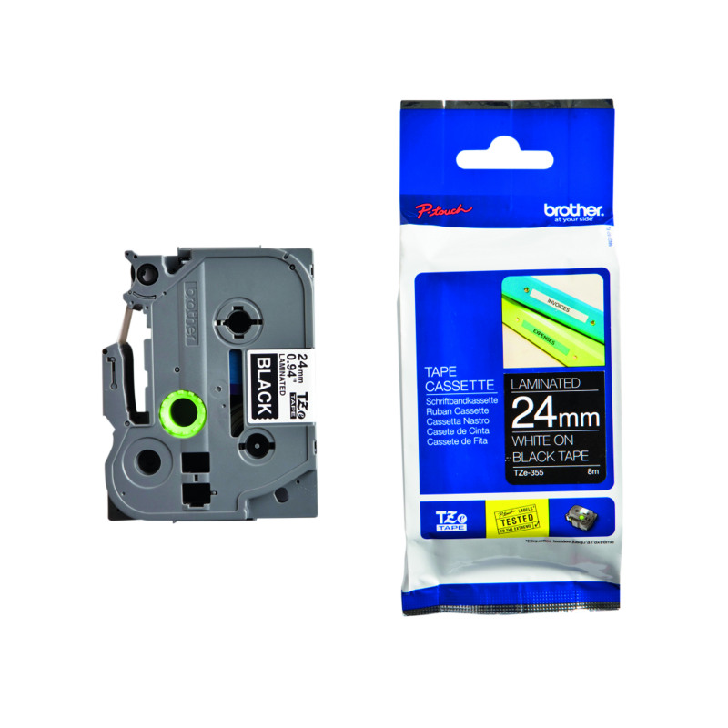Brother+P-Touch+TZe+Lam+Tape+Cassette+24mm+x+8mm+White+on+Black+Tape+TZE355