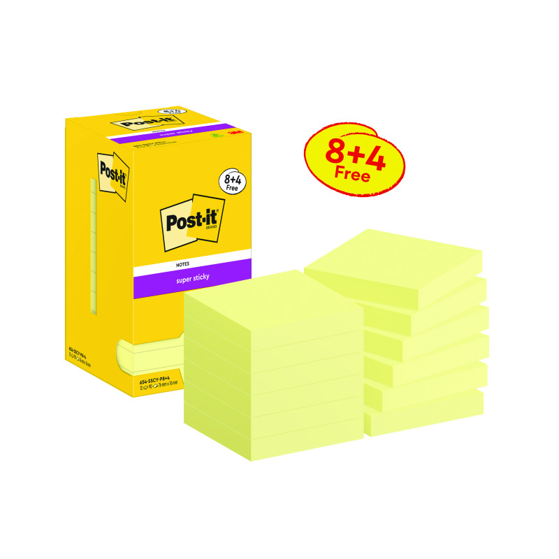 Post-it+Super+Sticky+76x76mm+90+Sheets+Canary+Yellow+VALUE+PACK+8+%2B+4+FREE+%28Pack+of+12%29+654-SSCY-P8%2B4