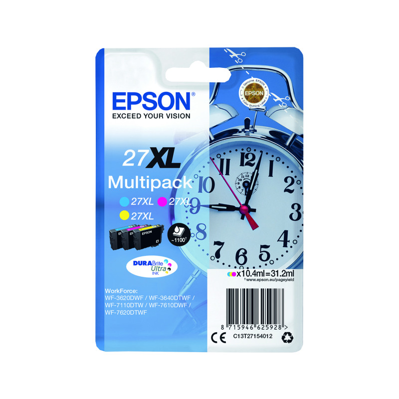 Epson+27XL+Alarm+Clock+DURABrite+Ultra+Ink+Cartridge+High+Yield+CMY+Multipack+C13T27154012