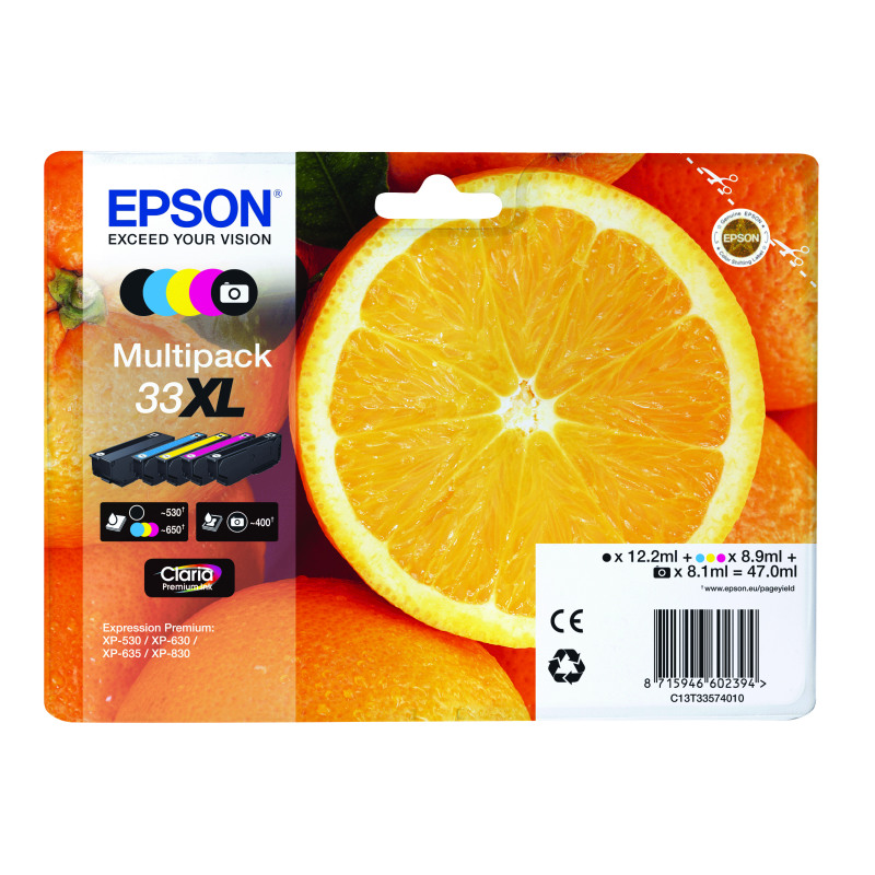 Epson+33XL+Oranges+Claria+Premium+Ink+Cartridge+High+Yield+CMYK%2FPhoto+Black+Multipack+C13T33574011