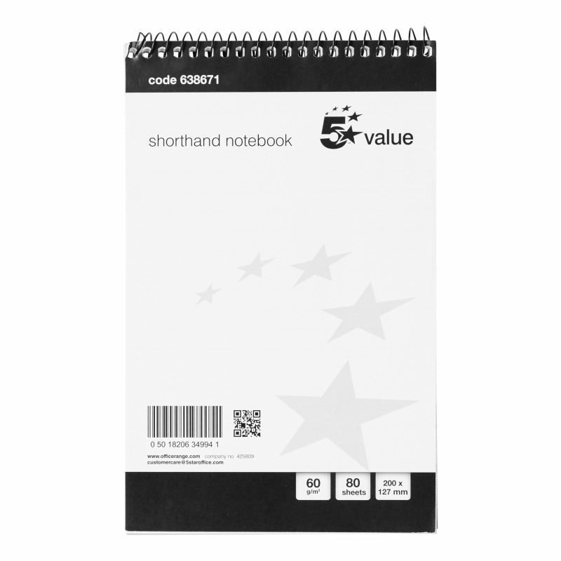 5+Star+Shorthand+Pad+Wirebound+60gsm+Ruled+160pp+127x200mm+Black%2FWhite+%28Pack+of+10%29