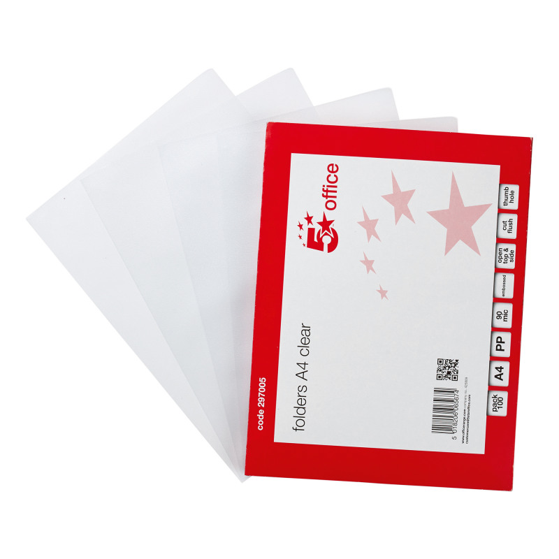 5+Star+Office+Folder+Embossed+Cut+Flush+Polypropylene+Thumb+Hole+90+Micron+A4+Clear+%28Pack+of+100%29