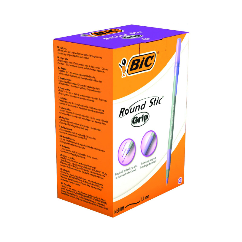 Bic+Round+Stic+Grip+Ballpoint+Pen+Purple+%28Pack+of+40%29+920412