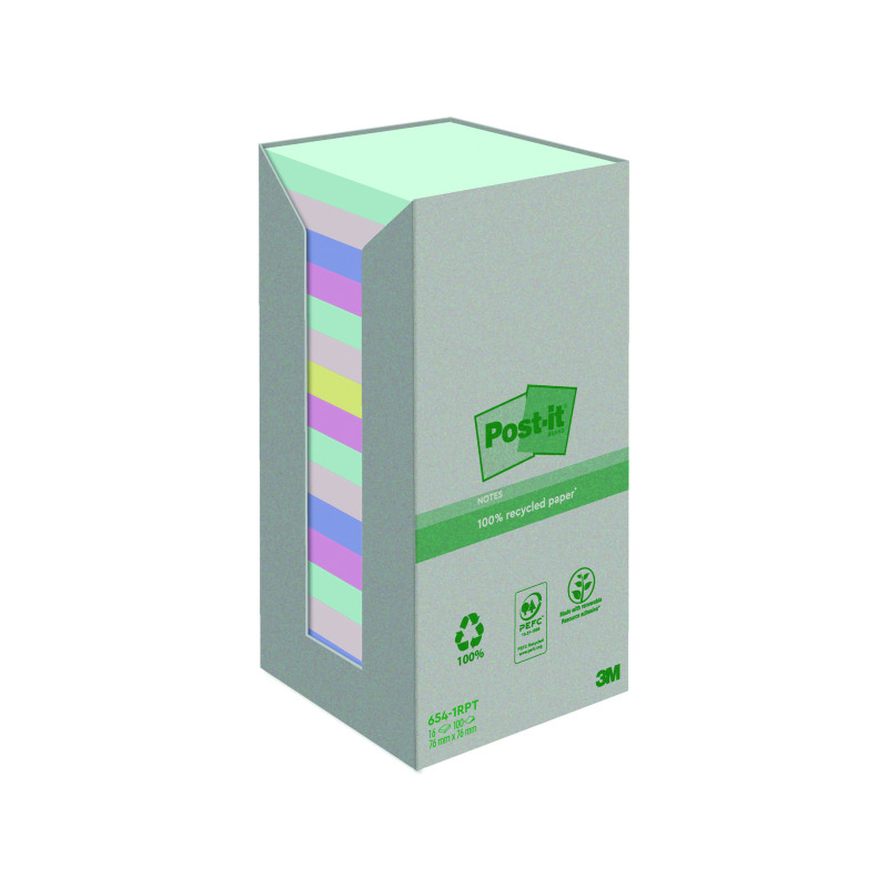 Post-it+Recycled+Notes+Asst+Colour+76x76mm+100+%28Pack+of+16%29+7100259226