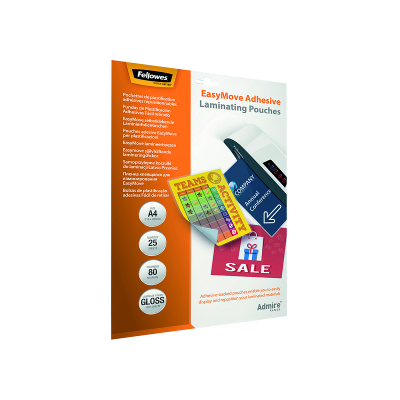 Fellowes+Admire+EasyMove+Laminating+Pouch+A4+160+Micron+Total+Thickness+%28Pack+of+25%29+5601701