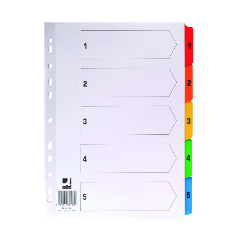 Q-Connect+1-5+Index+Multi-punched+Reinforced+Board+Multi-Colour+Numbered+Tabs+A4+White+KF01518