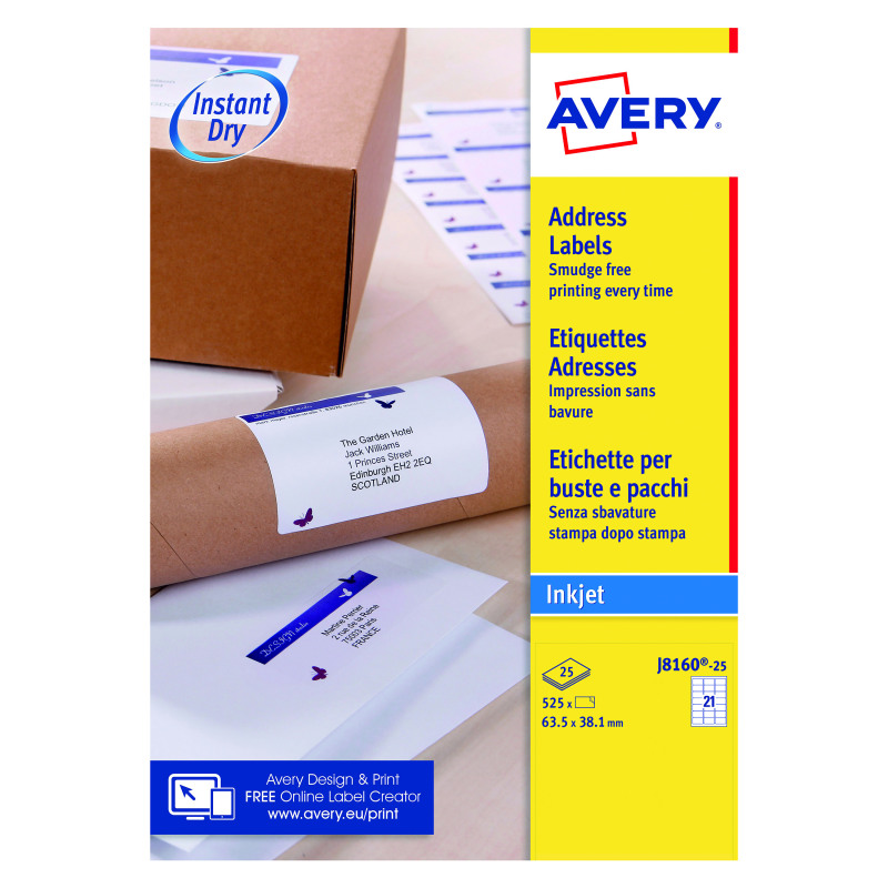 Avery+Inkjet+Address+Labels+QuickDRY+63.5x38.1mm+21+Per+Sheet+White+%28Pack+of+525%29+J8160-25