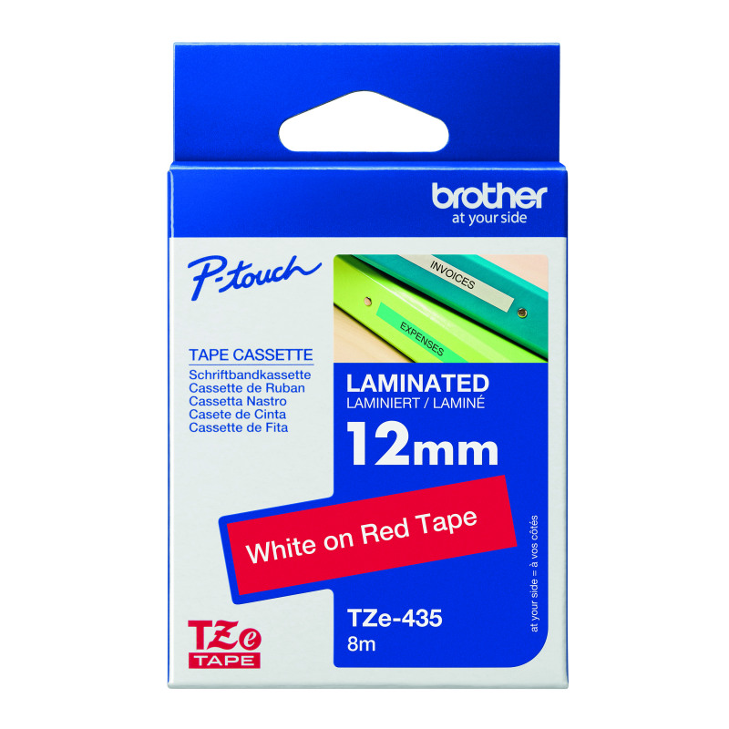 Brother+P-Touch+TZe+Lam+Tape+Cassette+12mm+x+8m+White+on+Red+Tape+TZE435
