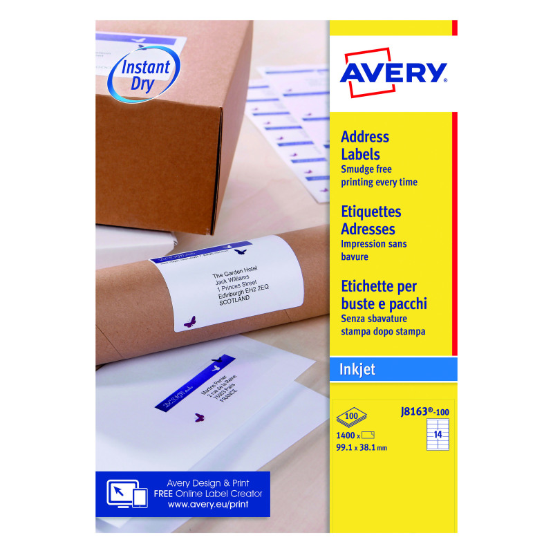 Avery+Inkjet+Address+Labels+QuickDRY+99.1x38.1mm+14+Per+Sheet+White+%28Pack+of+1400%29+J8163-100