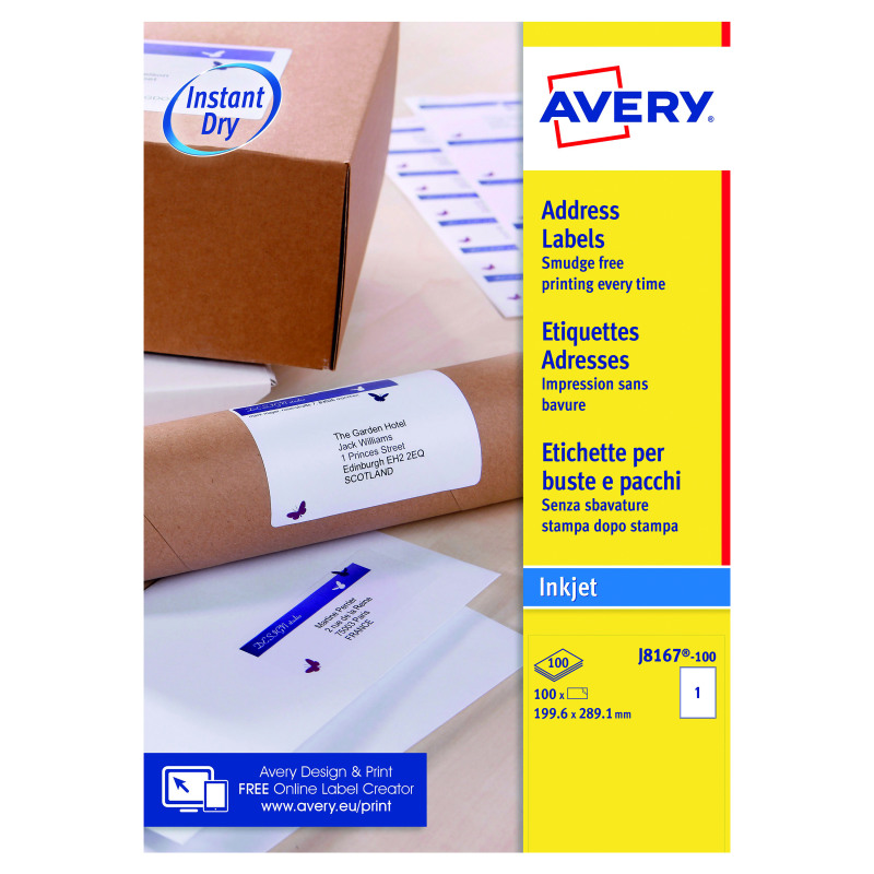 Avery+Inkjet+Label+199.6x289.1mm+1+Per+Sheet+Wht+%28Pack+of+100%29+J8167-100