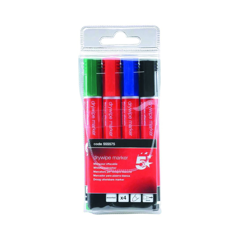 5+Star+Office+Drywipe+Marker+Xylene%2FToluene-free+Bullet+Tip+3mm+Line+Wallet+Assorted+%28Pack+of+4%29