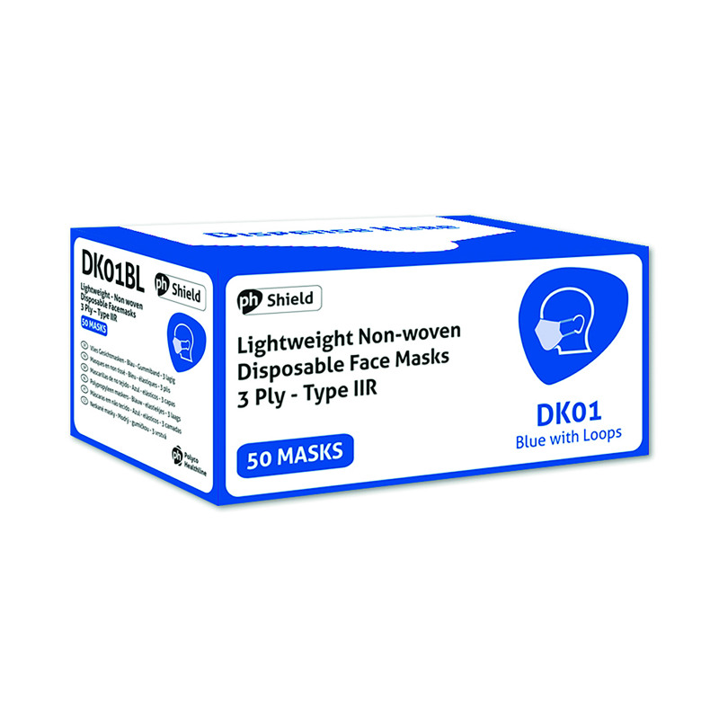 HPC+Disposable+3-Ply+Face+Masks+with+Elasticated+Loops+Non+Woven+Blue+%28Pack+of+50%29+DK01BL