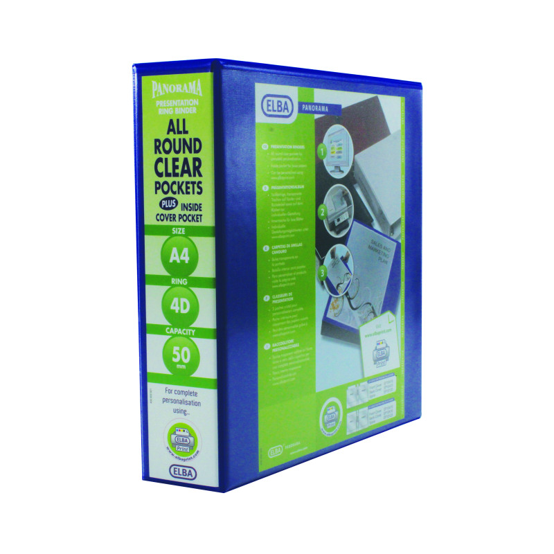 Elba+Panorama+50mm+4+D-Ring+Presentation+Binder+A4+Blue+%28Pack+of+4%29+400008431