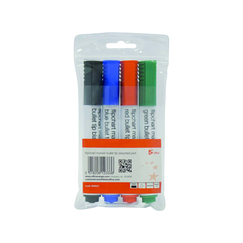5+Star+Office+Flipchart+Marker+Bullet+Tip+Water-based+2mm+Line+Wallet+Assorted+Colours+%28Pack+of+4%29