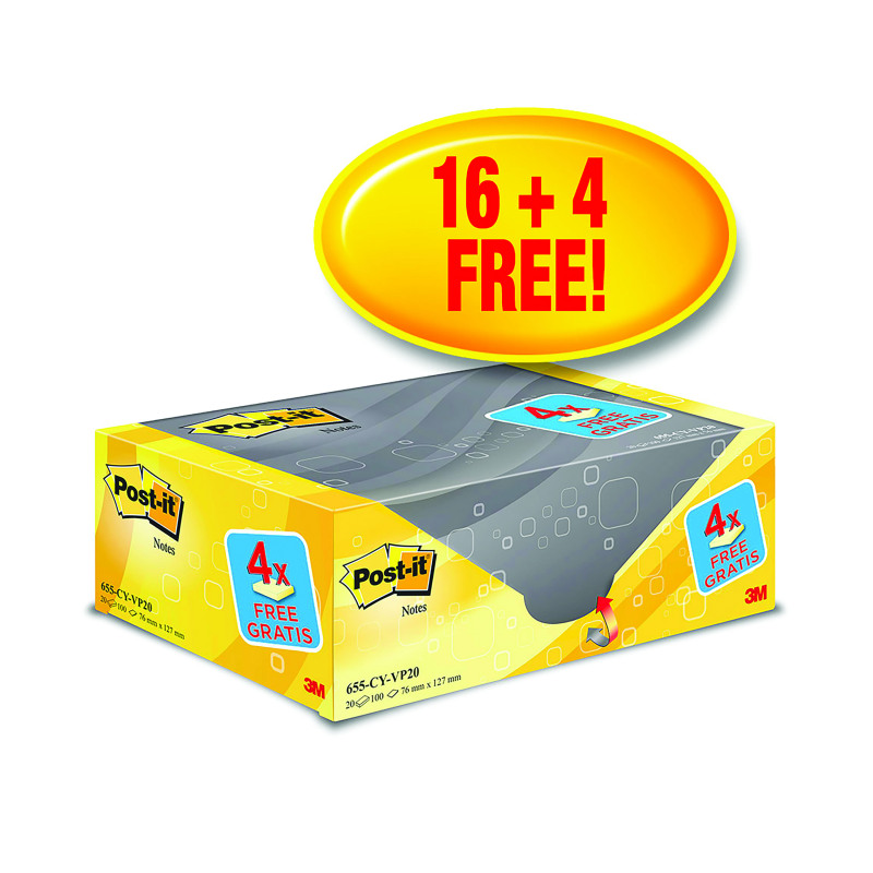 Post-it+Notes+76x127mm+Canary+Yellow+VALUE+PACK+4+FREE+Pads+%28Pack+of+20%29+655CY-VP20