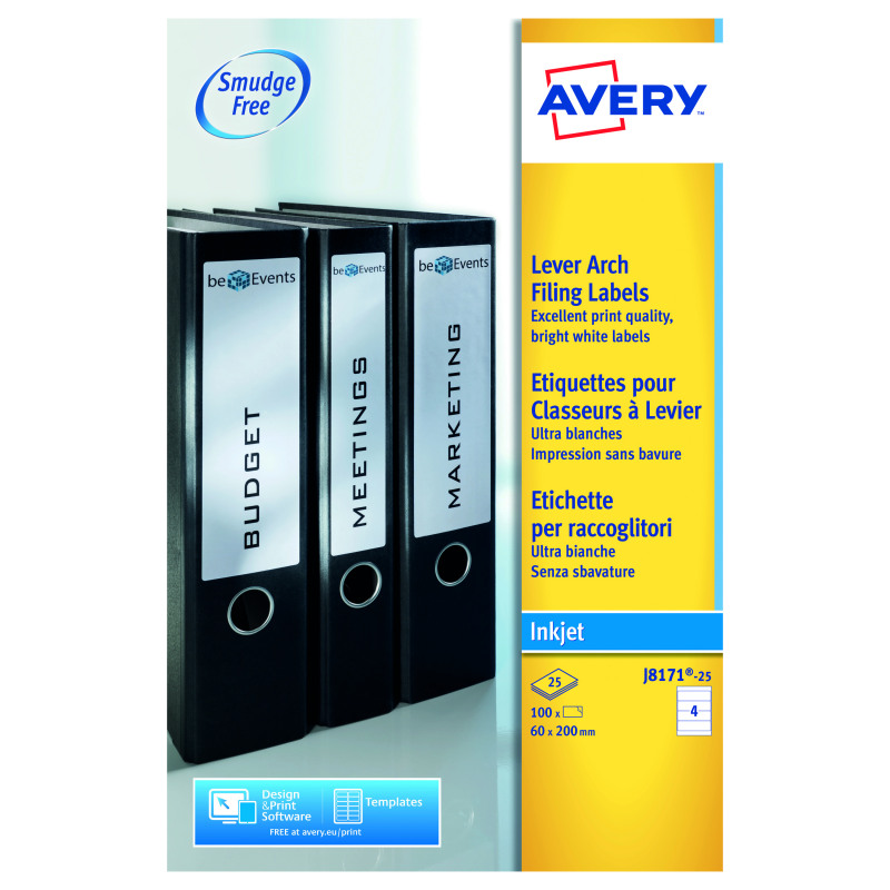 Avery+Inkjet+L%2FArch+Filing+Labels+4+Per+Sheet+Wht+%28Pack+of+100%29+J8171-25