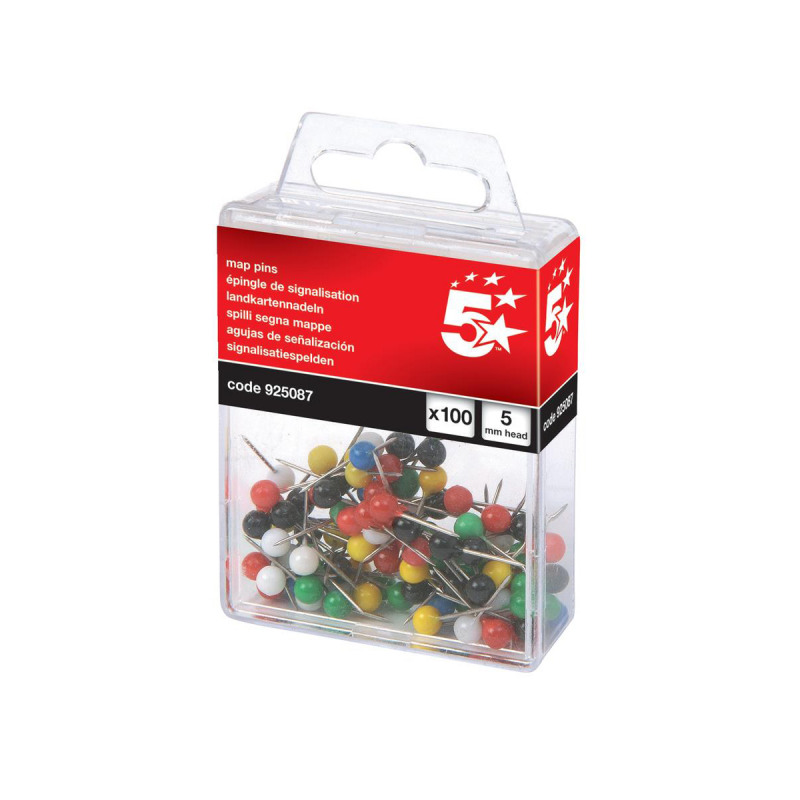 5+Star+Office+Map+Pins+5mm+Head+Assorted+%28Pack+of+100%29