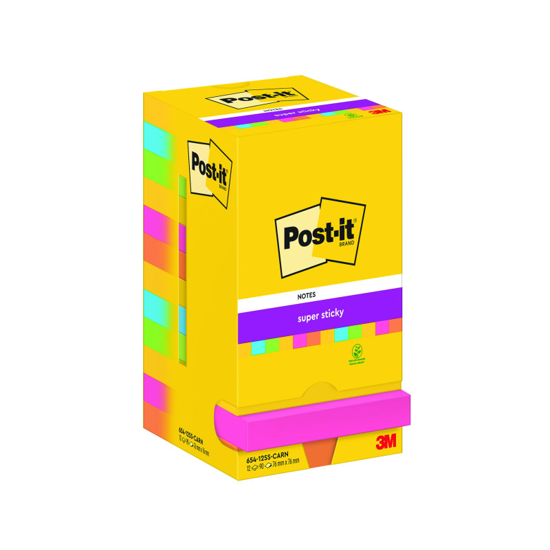 Post-it+Super+Sticky+76x76mm+90+Sheets+Carnival+Cardboard+Packaging+%28Pack+of+12%29+654-12SS-CARN
