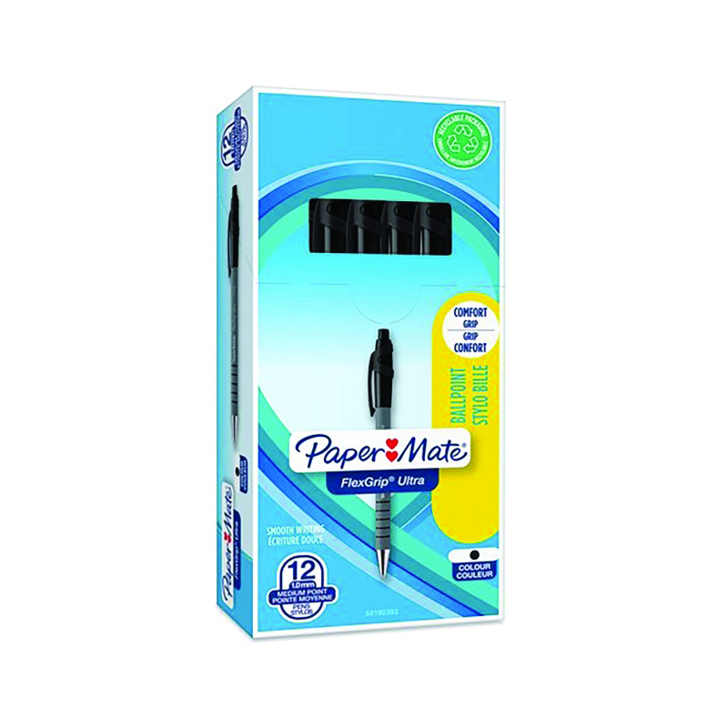 PaperMate+Flexgrip+Ultra+Retractable+Ballpoint+Pen+Medium+Black+%28Pack+of+12%29+S0190393