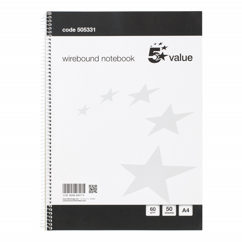 5+Star+Wirebound+Notebook+60gsm+Ruled+100+Pages+A4+Black%2FWhite+%28Pack+of+10%29