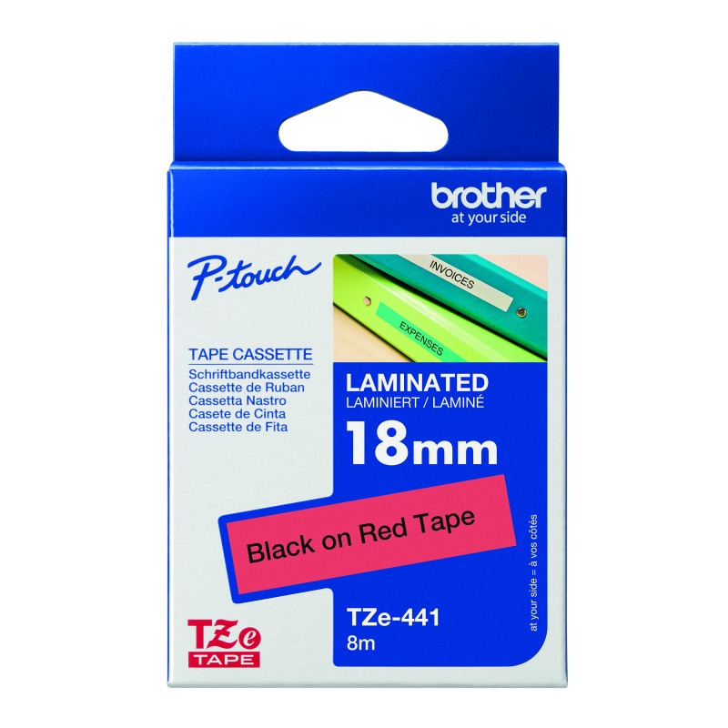 Brother+P-Touch+TZe+Lam+Tape+Cassette+18mm+x+8m+Black+on+Red+Tape+TZE441