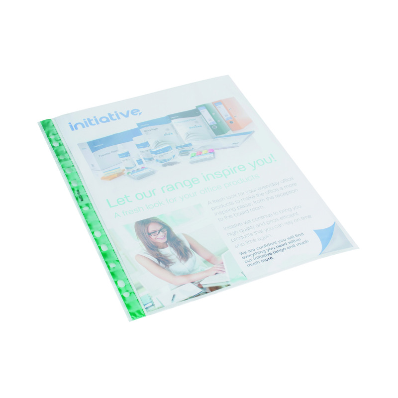 Initiative+Green+Spine+Reinf+Top+Opening+Plastic+Punched++Pockets+A4+50+Micron+Glass+Clear+Box+100