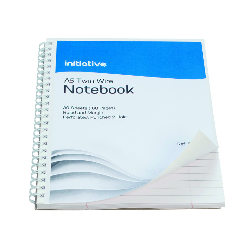 Initiative+Twinwire+Bound+Notebook+A5%2B+Ruled+Margin+Perforated+70gsm+160+pages+%285+Pack%29